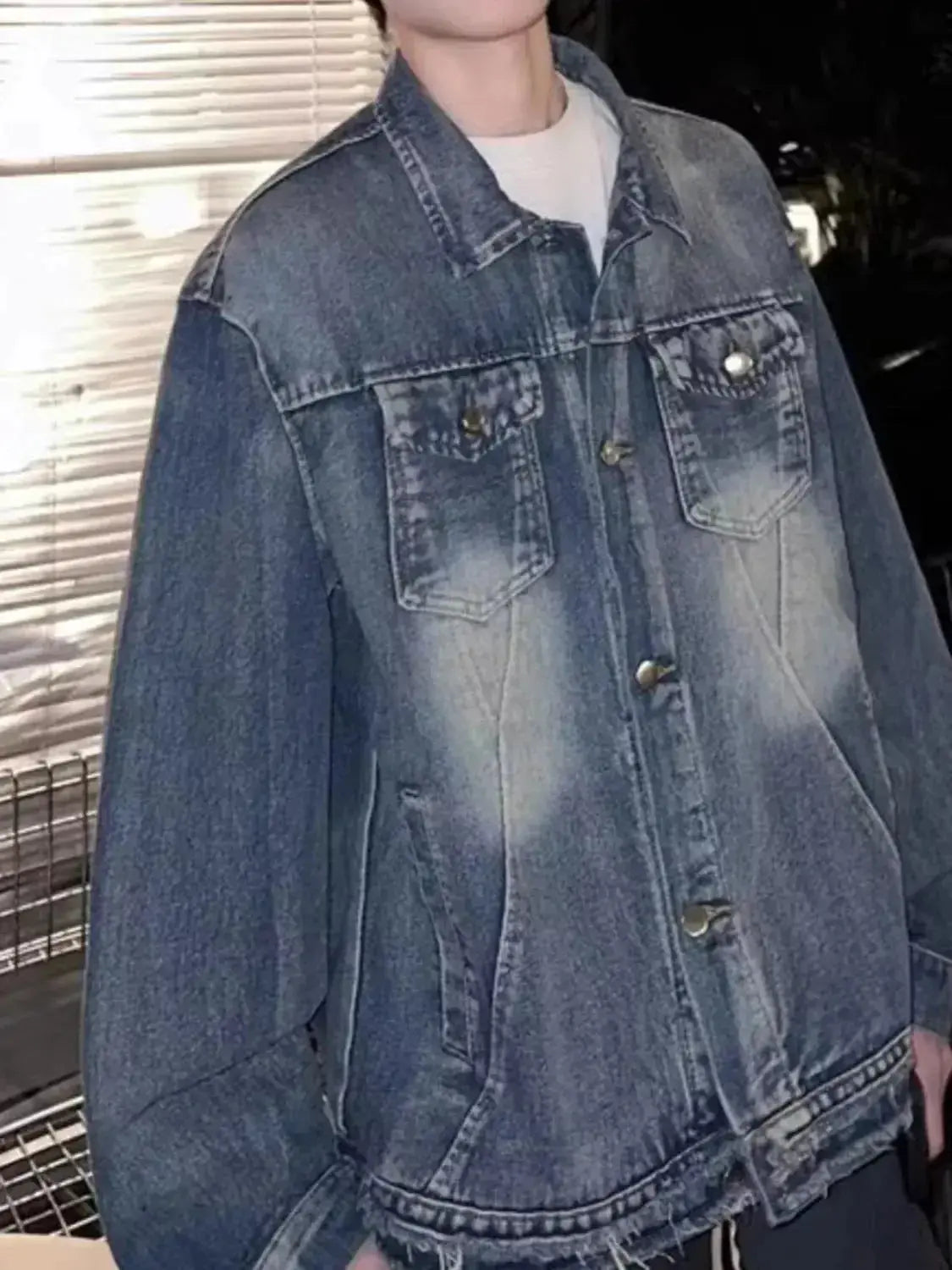Men's vintage washed denim jacket by Trendsi, durable 100% cotton outerwear with classic denim style and rugged design.