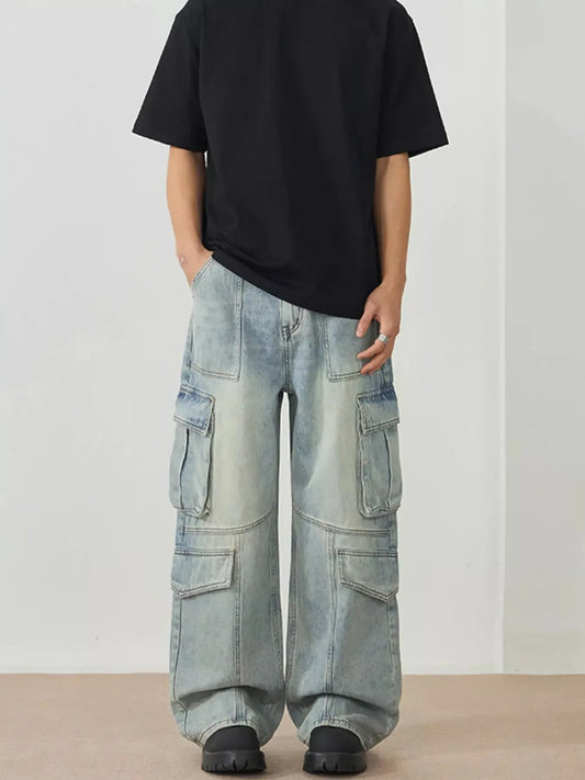 Men's Wash Wide Leg Cargo Jeans - Plush Fashion Hub