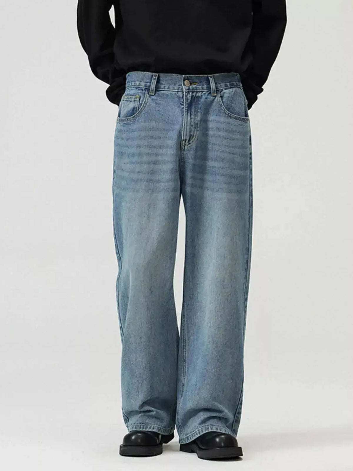 Men's washed straight-leg stretch jeans by Plush Fashion Hub, showcasing comfortable everyday denim with a relaxed fit.