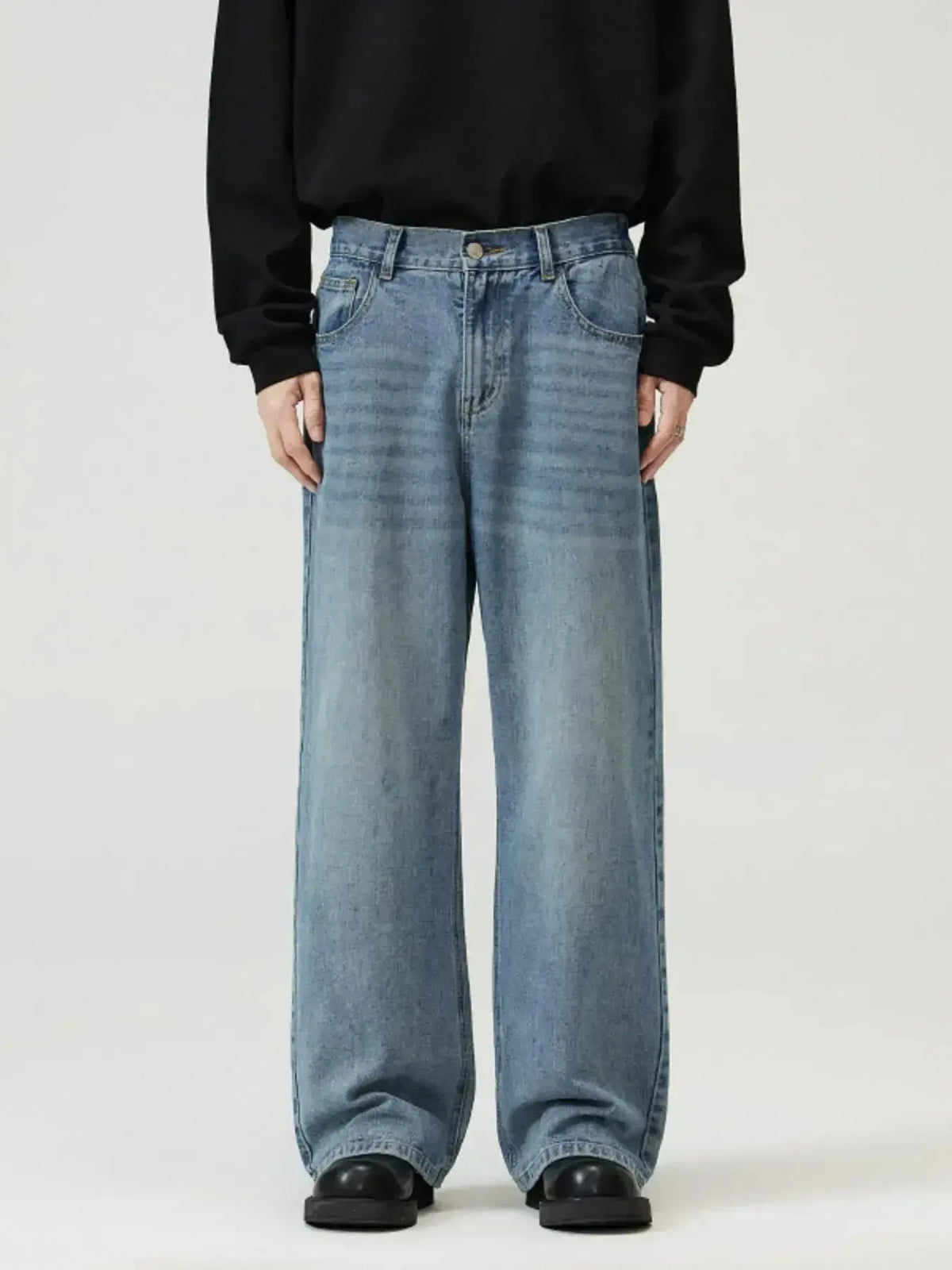 Men's washed straight-leg stretch jeans by Plush Fashion Hub, featuring a comfortable fit and classic denim style.