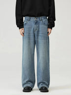 Men's washed straight-leg stretch jeans by Trendsi, showcasing comfortable, everyday denim with a relaxed fit and classic style.