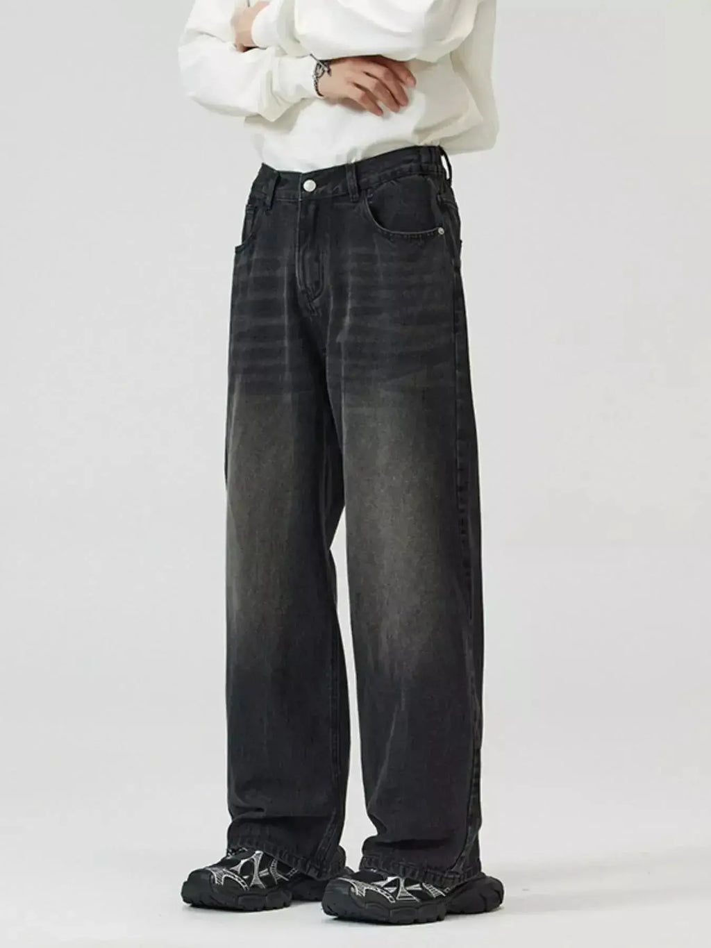 Men's washed straight-leg stretch jeans by Trendsi, showcasing comfortable everyday denim with a relaxed fit and classic style.