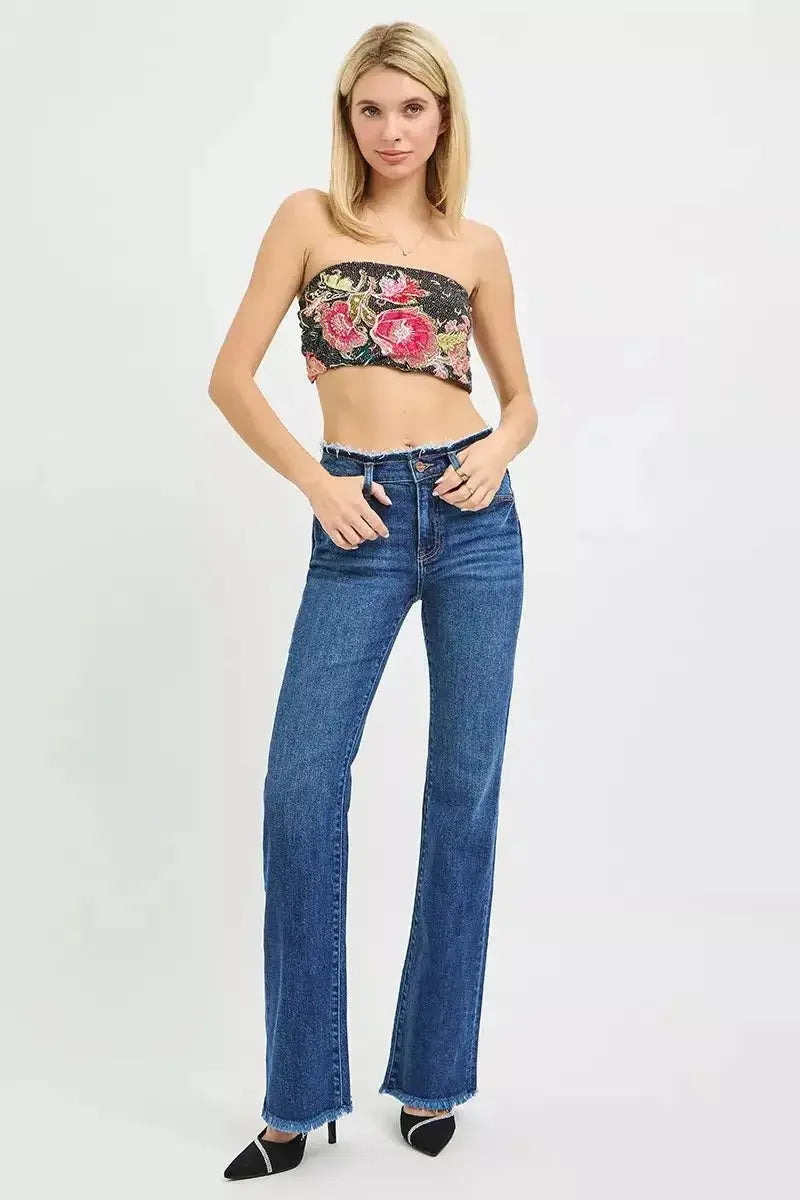 Plush Fashion Hub mid-rise bootcut jeans with frayed waist and raw hem detail, casual denim style for everyday wear.