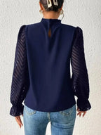 Elegant plush fabric mock neck blouse with flounce sleeves, stylish shirt by Plush Fashion Hub.