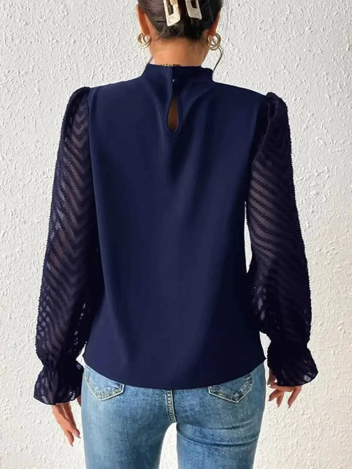 Elegant plush fabric mock neck blouse with flounce sleeves, stylish shirt by Plush Fashion Hub.