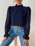 Elegant plush fashion hub mock neck blouse with flounce sleeves, stylish shirt for a chic and sophisticated look