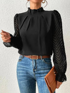 Elegant plush fabric mock neck blouse with flounce sleeves from Plush Fashion Hub, stylish shirt for casual or dressy occasions.