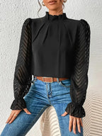 Elegant plush pink mock neck blouse with flounce sleeves from Plush Fashion Hub, stylish and comfortable shirt for women.