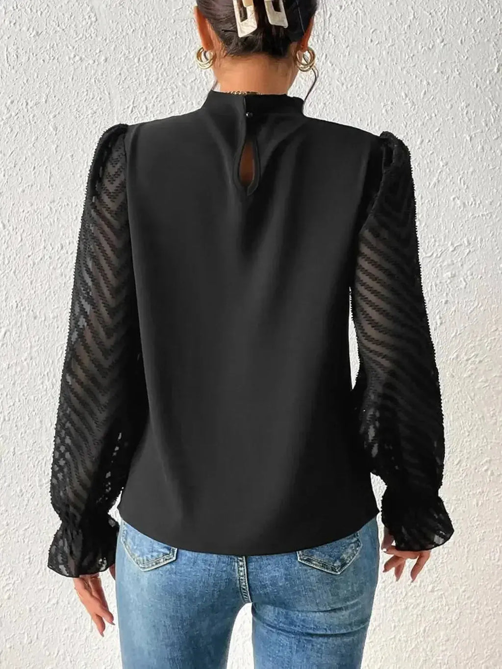 Elegant plush pink mock neck blouse with flounce sleeves, stylish shirt by Plush Fashion Hub.