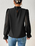 Elegant plush pink mock neck blouse with flounce sleeves, stylish shirt by Plush Fashion Hub.