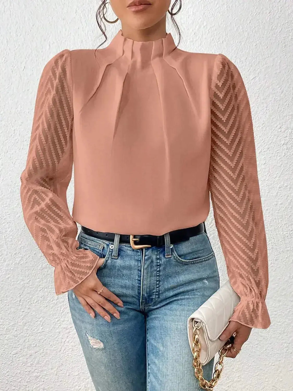 Elegant plush pink mock neck blouse with flounce sleeves from Plush Fashion Hub, displayed on a white background.