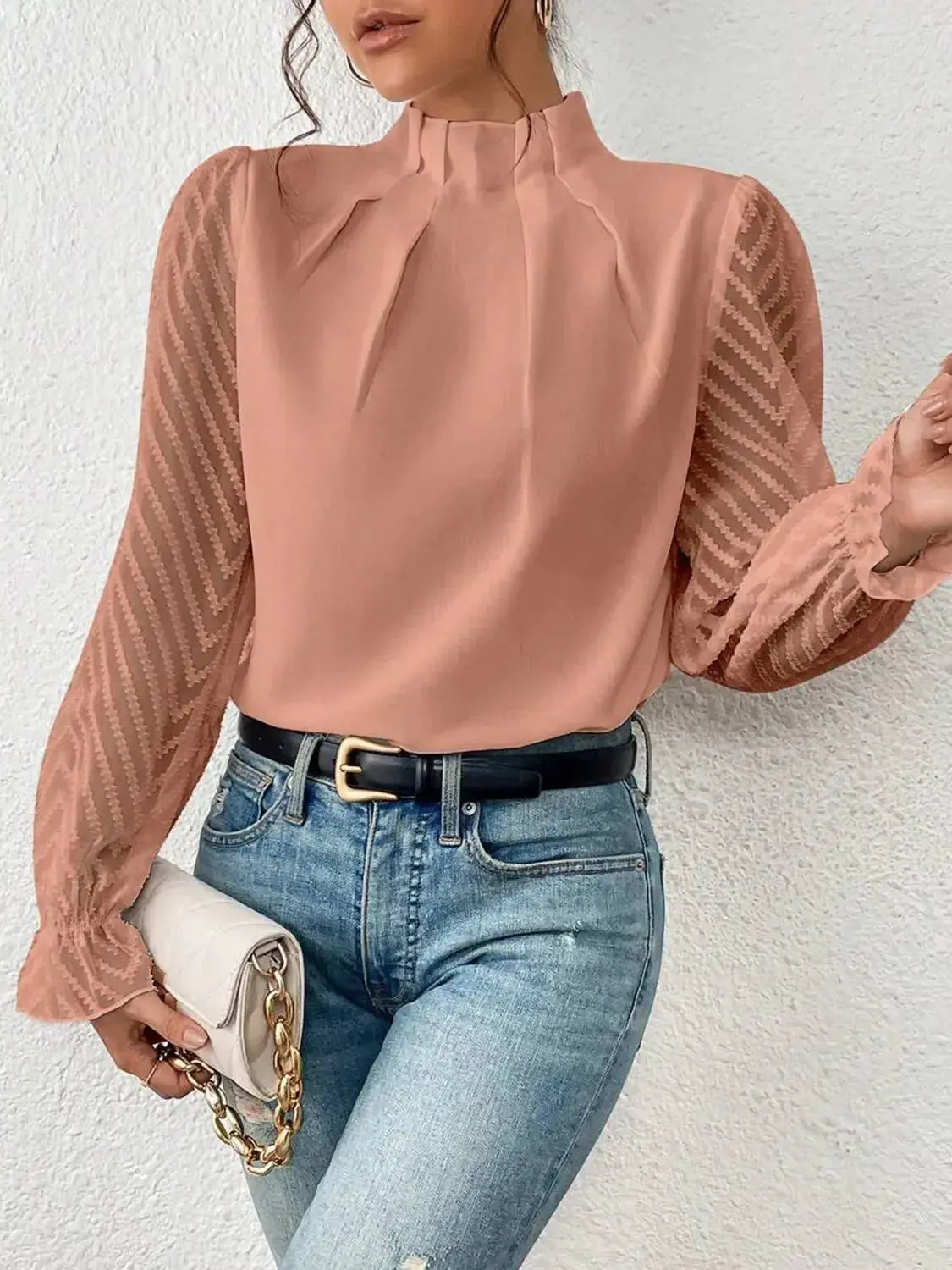 Elegant plush fabric mock neck blouse with flounce sleeves by Plush Fashion Hub, shown in a stylish shirt design.