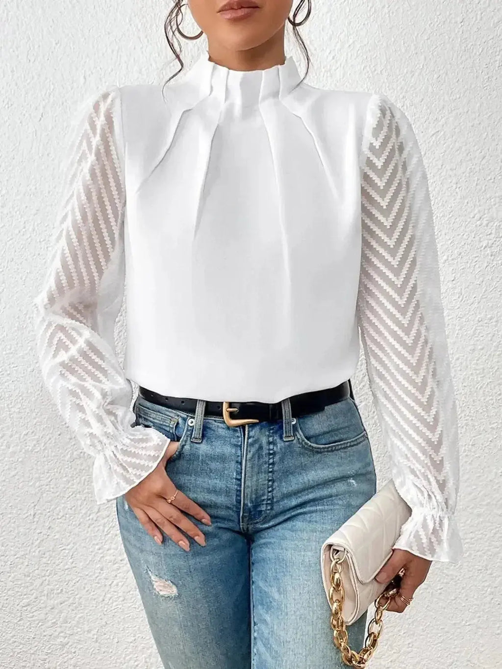 Elegant plush pink mock neck blouse with flounce sleeves, stylish shirt by Plush Fashion Hub.