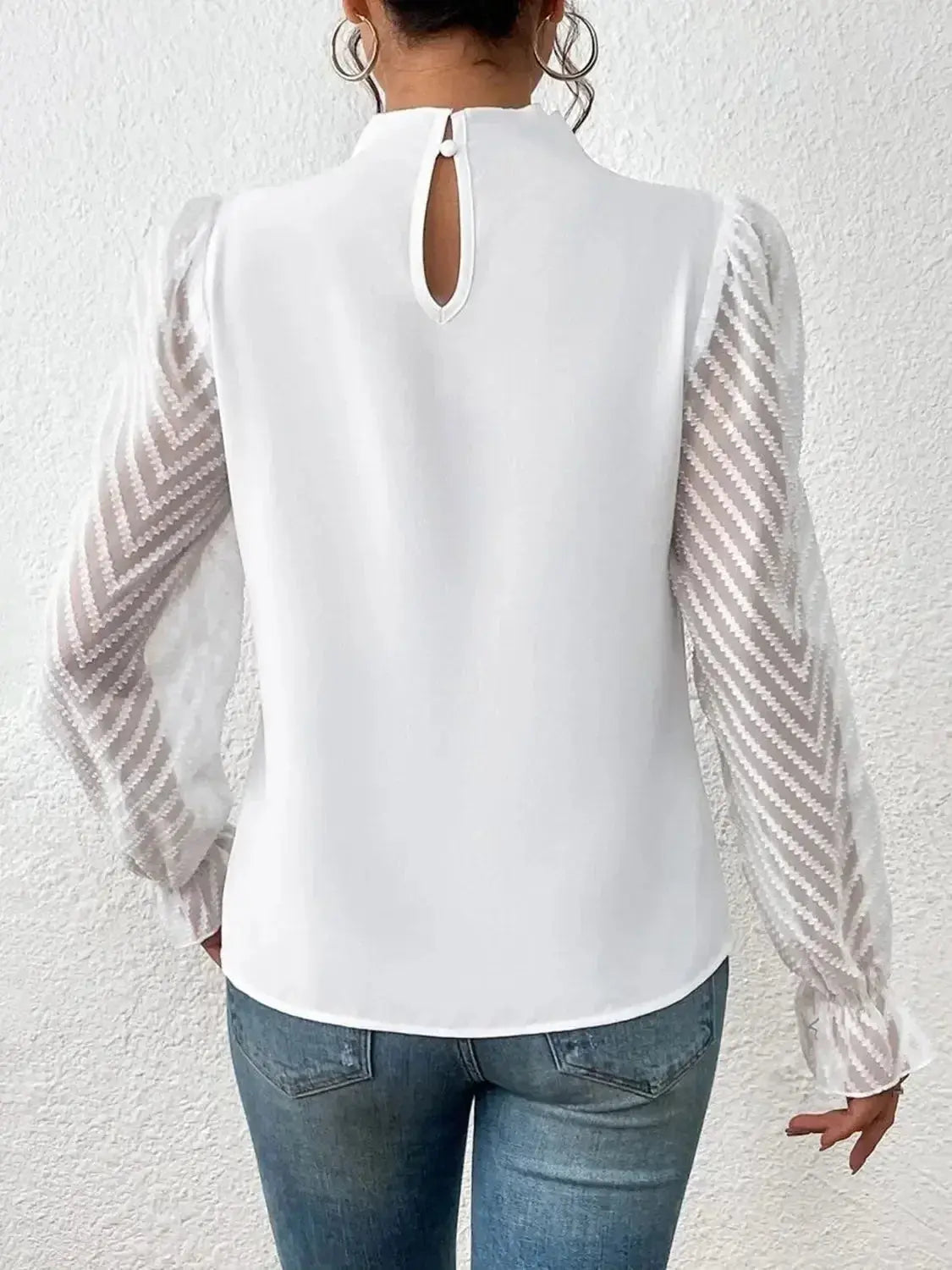 Elegant plush pink mock neck blouse with flounce sleeves, stylish shirt by Plush Fashion Hub.