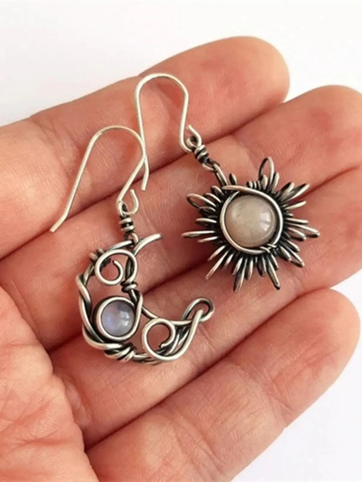Moonstone Asymmetric Sun Moon Earrings - Plush Fashion Hub