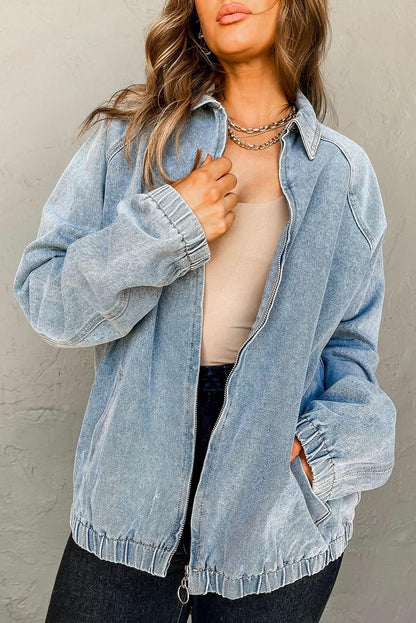 Myosotis Denim Jacket Zip Up With Elastic Hem Raglan Sleeves - Plush Fashion Hub