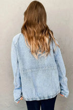 Myosotis zip-up denim jacket with raglan sleeves and elastic hem, stylish Gilded Glamour Shop jacket on a model.