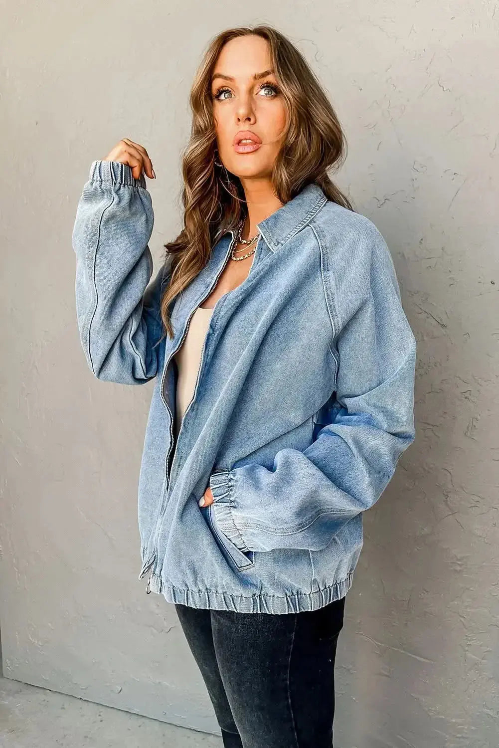 Myosotis zip-up denim jacket with raglan sleeves and elastic hem, stylish casual jacket by Gilded Glamour Shop.