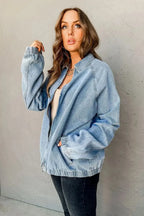 Myosotis zip-up denim jacket with raglan sleeves and elastic hem, stylish casual jacket by Gilded Glamour Shop.