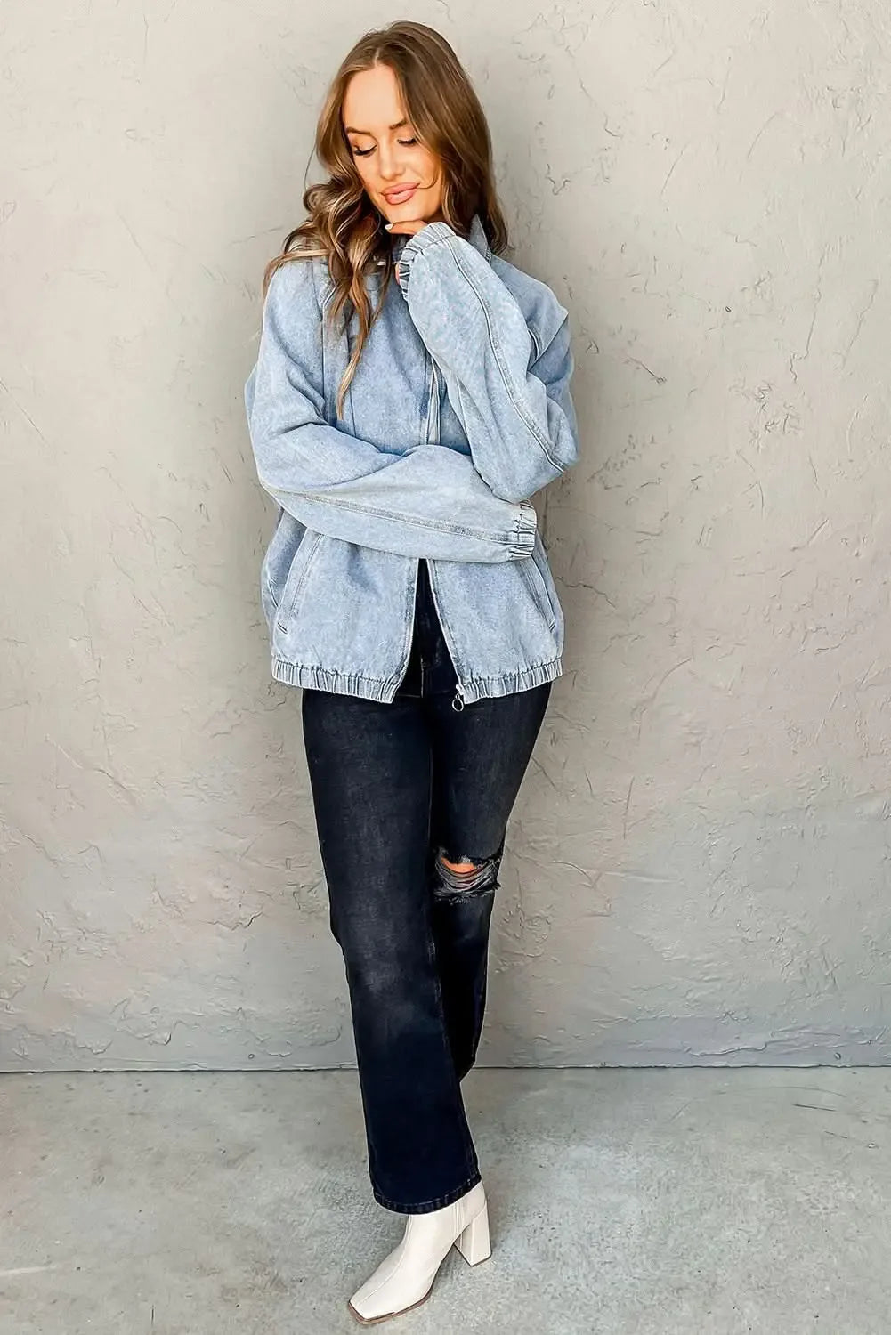 Myosotis Denim Jacket Zip Up With Elastic Hem Raglan Sleeves - Plush Fashion Hub