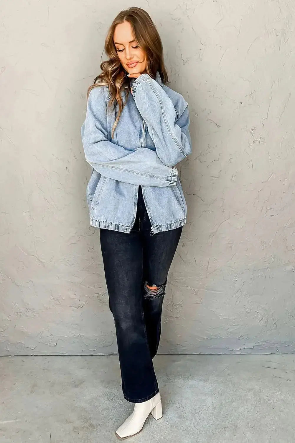 Myosotis denim zip-up jacket with raglan sleeves and elastic hem, stylish and casual Gilded Glamour Shop jacket for women.