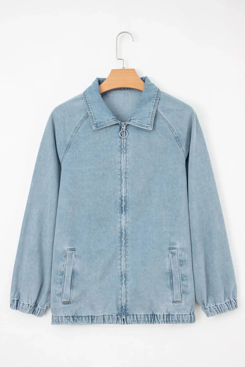 Myosotis Denim Jacket Zip Up With Elastic Hem Raglan Sleeves - Plush Fashion Hub