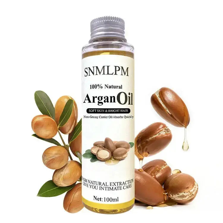 Plush Fashion Hub natural argan hair oil bottle showing deep hydration and frizz control benefits for shiny, healthy hair.