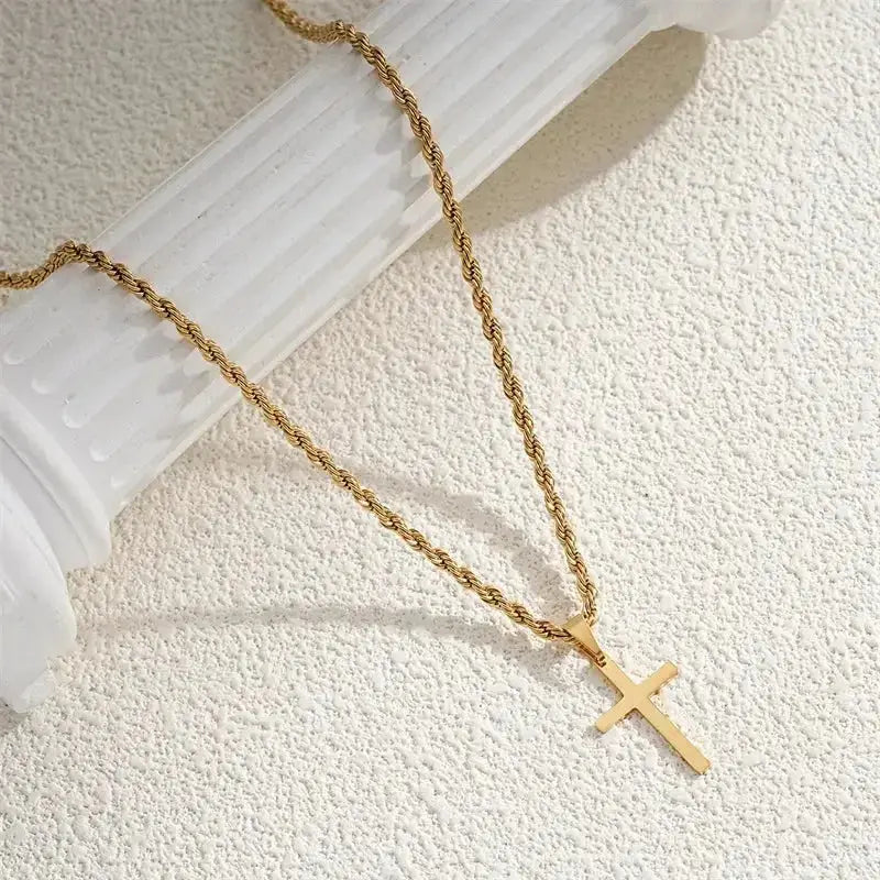 Minimalist gold cross pendant necklace for men and women, dainty unisex jewelry chain by Plush Fashion Hub.