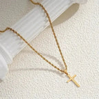 Minimalist gold cross pendant necklace for men and women, dainty unisex jewelry chain by Plush Fashion Hub.