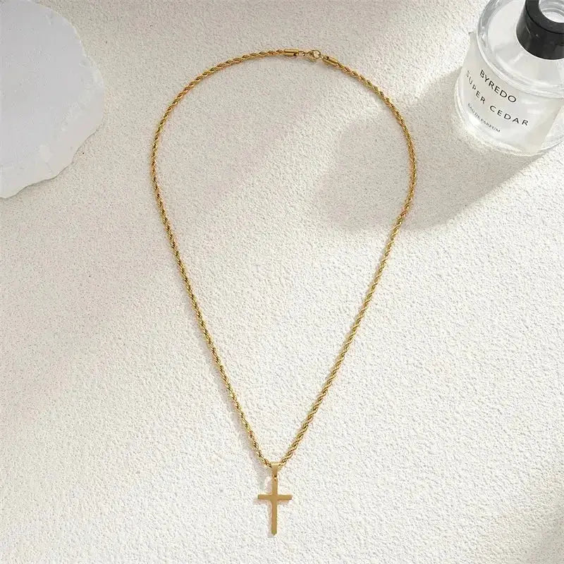 Minimalist gold cross pendant necklace for men and women, unisex dainty layering chain by Plush Fashion Hub.