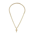 Minimalist gold cross pendant necklace for men and women, dainty unisex jewelry chain, ideal for layering.