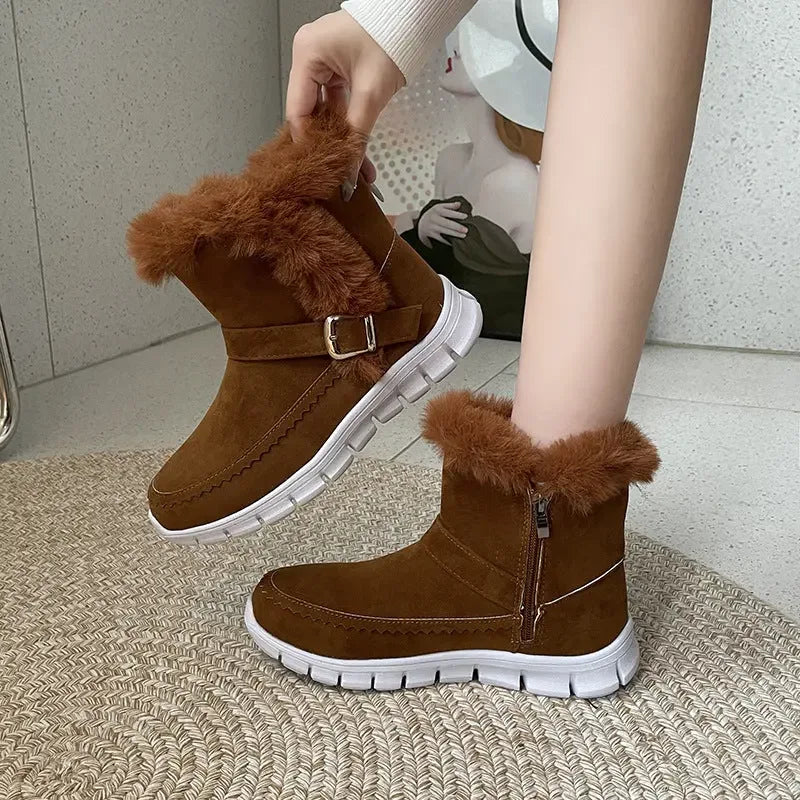 New Snow Boots Winter Warm Thickened Solid Color Plush Ankle Boots With Buckle For Women - Plush Fashion Hub