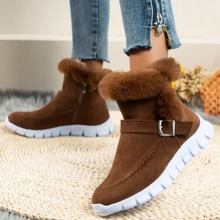 New Snow Boots Winter Warm Thickened Solid Color Plush Ankle Boots With Buckle For Women - Plush Fashion Hub