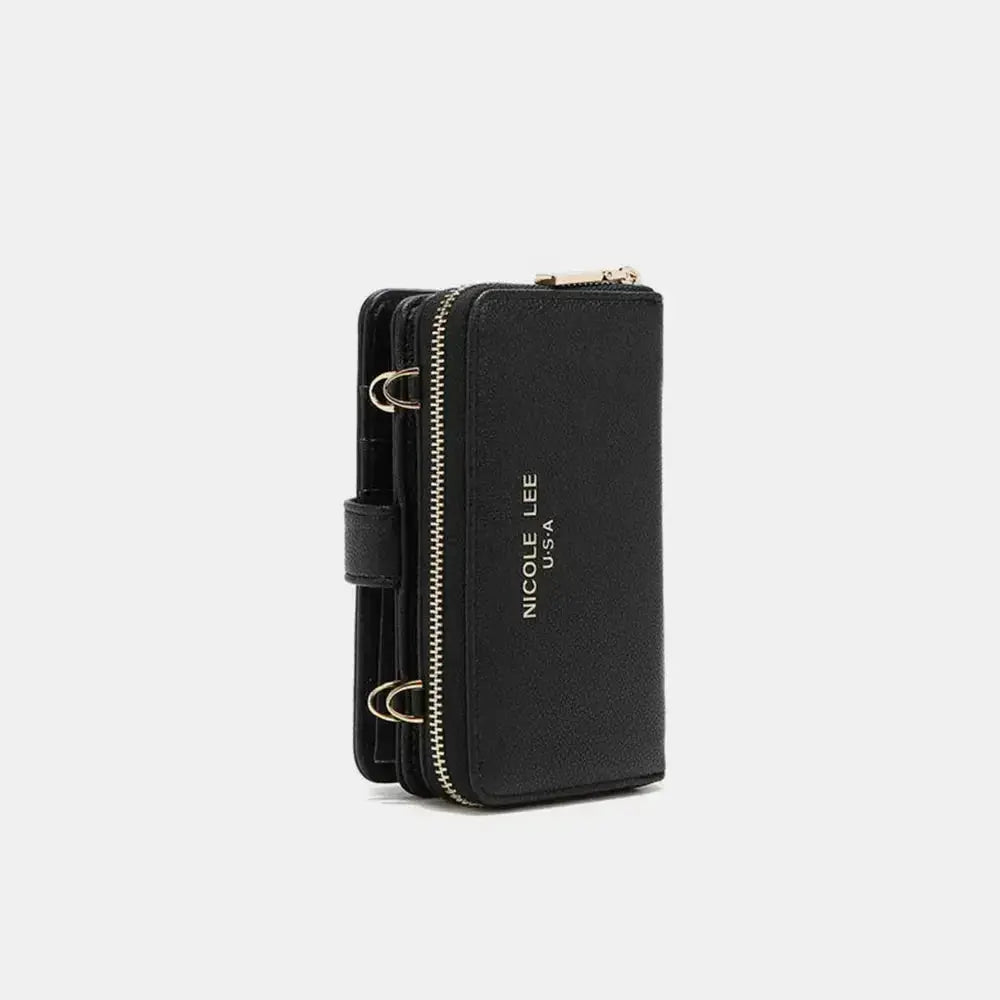Convertible vegan leather crossbody phone case and wallet by Plush Fashion Hub, featuring a sleek design and multiple storage compartments.