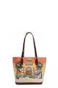 Vegan leather shopper tote bag with tropical beach house print by Plush Fashion Hub, featuring a spacious design and vibrant tropical scene.