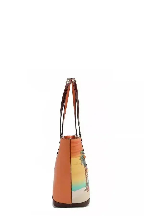 Tropical Beach House print vegan leather shopper tote bag by Plush Fashion Hub, featuring vibrant beach scene design and spacious interior.