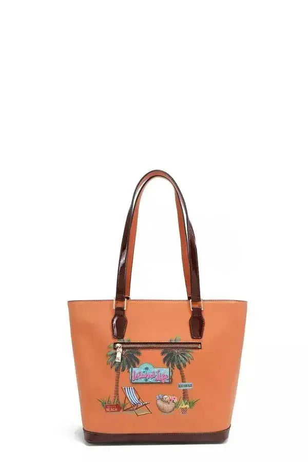 Vegan leather shopper tote bag with tropical beach house print from Plush Fashion Hub, featuring a spacious design and vibrant coastal imagery.
