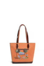 Vegan leather shopper tote bag with tropical beach house print from Plush Fashion Hub, featuring a spacious design and vibrant coastal imagery.