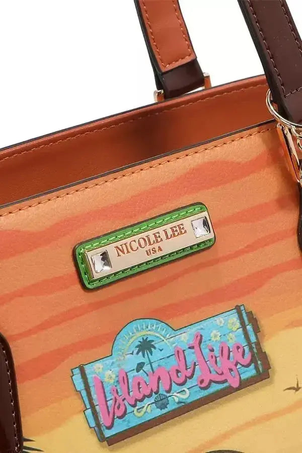 Vegan leather shopper tote bag with tropical beach house print, featuring spacious design and sturdy handles by Plush Fashion Hub.