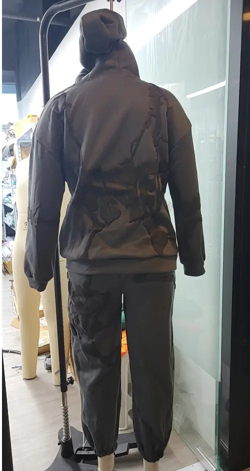 Plus size women's hooded sweatshirt set with foam print in three colors, casual and comfortable trendy attire.