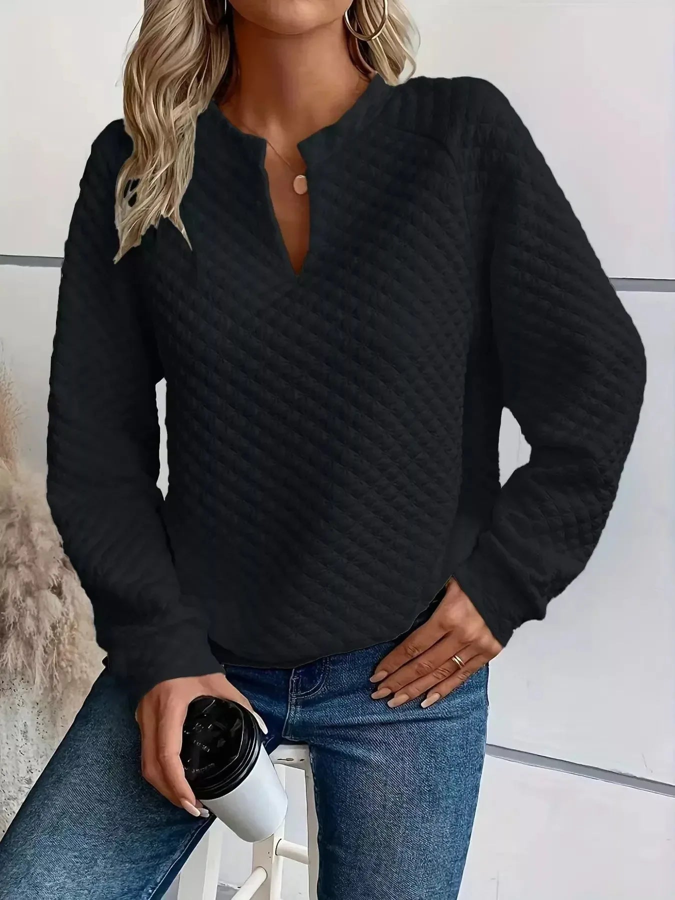 Notched Raglan Sleeve Sweatshirt - Plush Fashion Hub