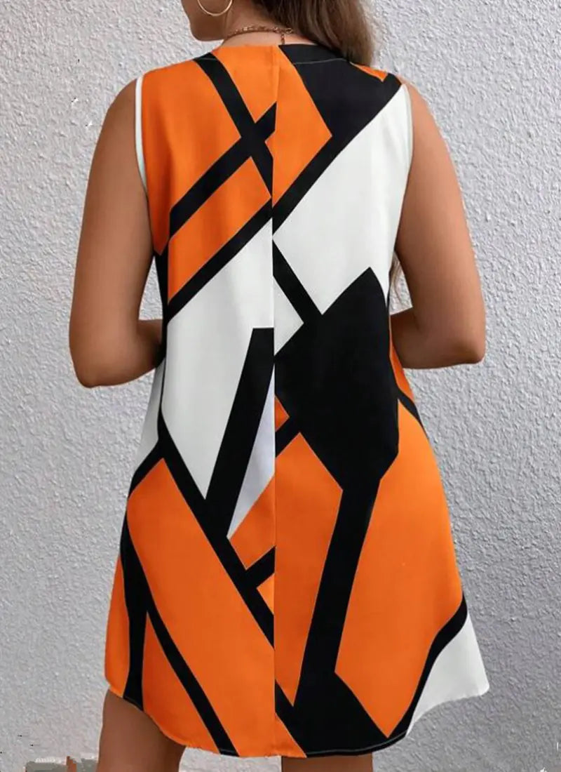 Women’s geometric print V-neck sleeveless dress by Trendy Attic Store01, featuring a stylish pattern and a flattering fit.