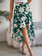 Elegant floral ruffled mid-length asymmetric skirt for women, perfect for spring and summer fashion.