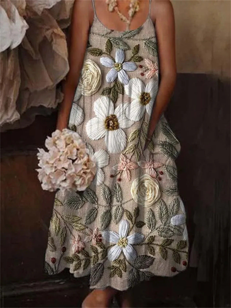 European and American style floral art print sling holiday dress by Plush Fashion Hub, casualwear with vibrant floral design.