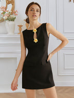 Women’s sleeveless elegant dress with rose front buttons, round neck, and waist trimming by Plush Fashion Hub.