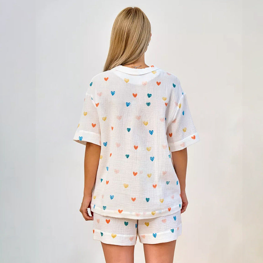 Bella Mia summer layered crepe pajamas set with heart print, featuring a short-sleeve cardigan and matching shorts for women.