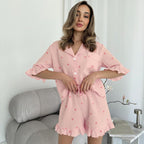 Bella Mia women's summer pajamas set with crepe cotton fabric, heart print, short sleeves, and matching shorts for comfortable home wear.
