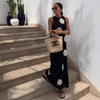 Plush Fashion Hub women's autumn winter polka dot knitted maxi dress with see-through bohemian style and slimming fit.