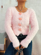 Bella Mia autumn winter knitted cardigan sweater featuring a cute love button, solid color, mink-like soft knit for office wear.
