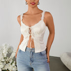 Bella Mia matte high-elastic lace hollow-out backless short strap top with cutout and lace-up details, stylish and sexy.